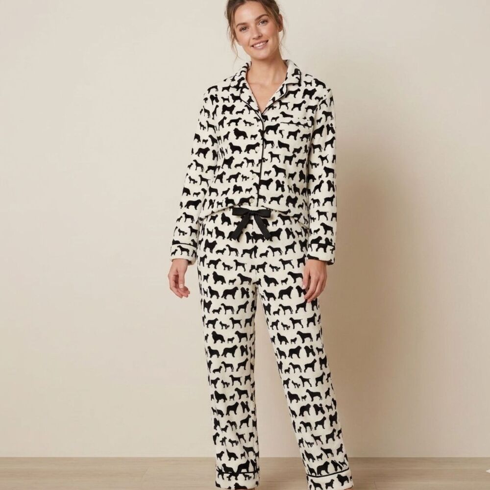 BedHead Pajama Set Dog Print Cotton Button Up Pjs Black Drawstring Women Large